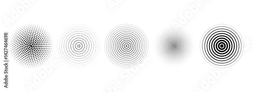 Black concentric circle collection. Dotted and dashed round sound wave set. Epicenter, target, radar, sonar icon concept. Radial radio signal or vibration elements. Vector linear halftone symbol pack