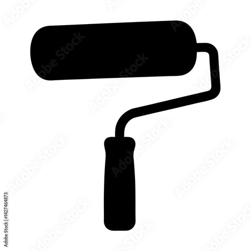 A black silhouette of a paint roller with handle on white background
