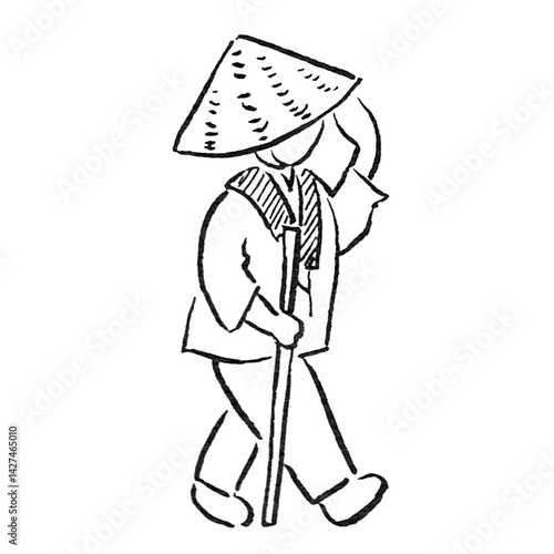 観光/四国徳島県の「お遍路さん」＿手描き線画カットイラスト・モノクロ
