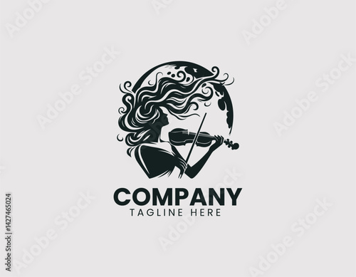 Passionate Woman Playing Violin Illustration Vector Logo Design, Enthusiastic Woman Violin Player Logo