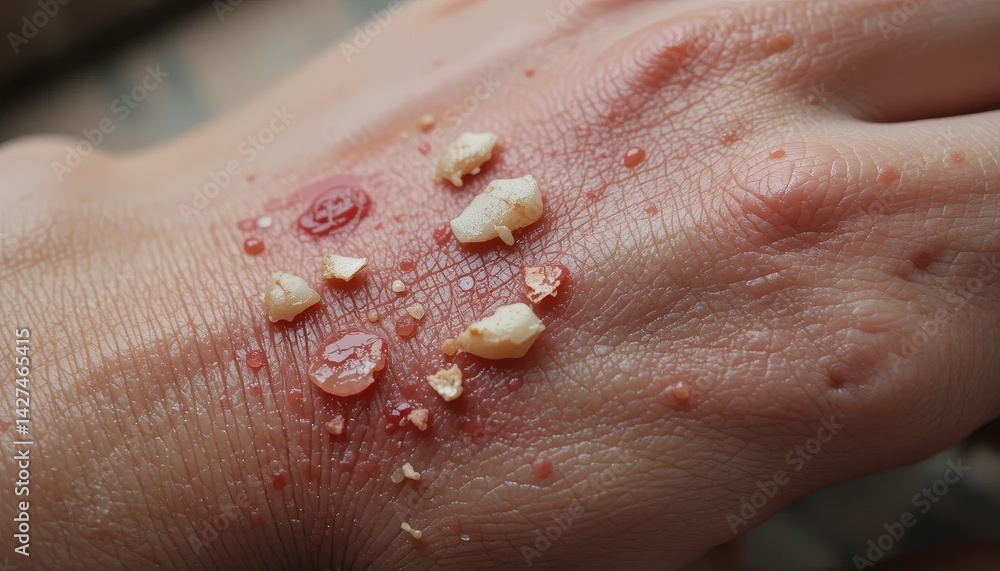 Fototapeta premium Skin inflammation with small, dry, whitish flakes.