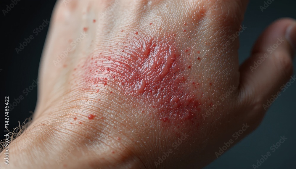 Fototapeta premium Red, irritated rash covers the palm and back of a hand.