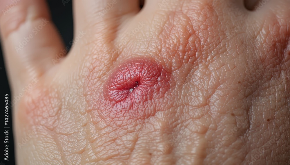 Fototapeta premium Close-up view of a raised, inflamed skin lesion on the hand.