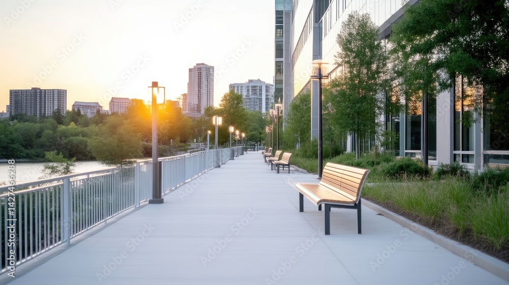 Naklejka premium Urban Park Bench Modern Cityscape High-resolution Golden Hour Long shot, multiple benches, peaceful ambiance, waterfront setting, Warm Sunset Hues, Ideal for real estate brochures