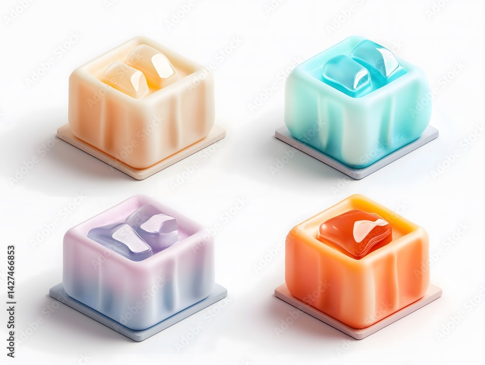 Generation Alpha food menu: a charming isometric of colorful 3D-Printed Ice Cubes food icons on a white background. Generation Alpha food menu: a charming isometric of colorful 3D-Printed Ice Cubes food icons on a white background.