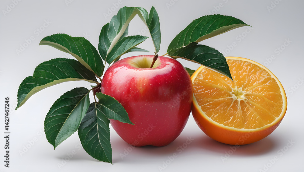 Obraz premium red apple and orange half with leaves on white background apple with leaf