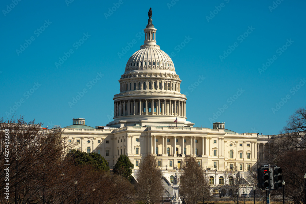 Obraz premium The Capitol building. The Capitol landmark. The Capitol monument symbol of the American democratic system. The Capitol dome on sky background. Washington, D.C. American Capital.