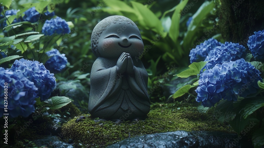 Obraz premium 紫陽花に囲まれた笑顔の小さな地蔵