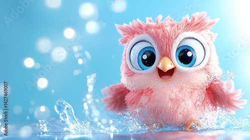 Playful Pink Cartoon Owl Splashing in Blue Water
