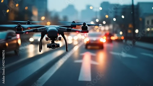 Wallpaper Mural A drone capturing aerial footage over a busy urban street at dusk with city lights in the background Torontodigital.ca