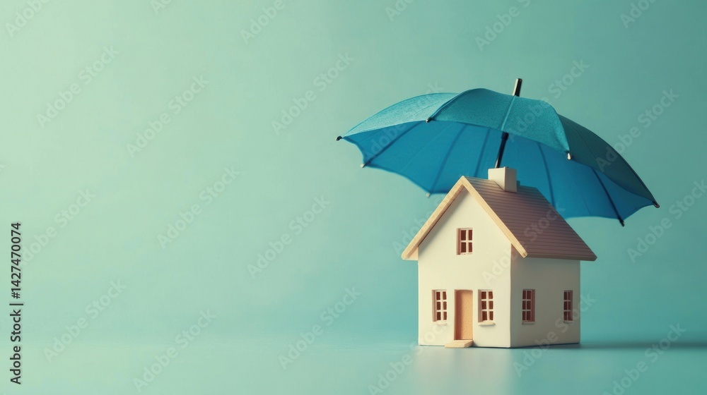 A house protected by a blue umbrella against a plain background, symbolizing safety and security.