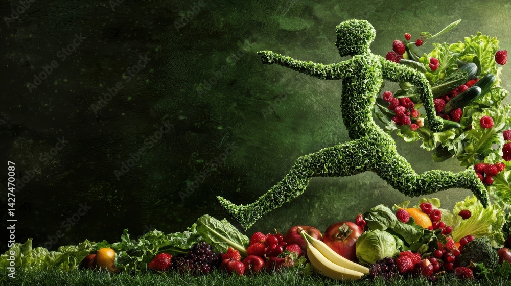A figure made of fruits and vegetables runs through a lush, green landscape, symbolizing health and vitality.