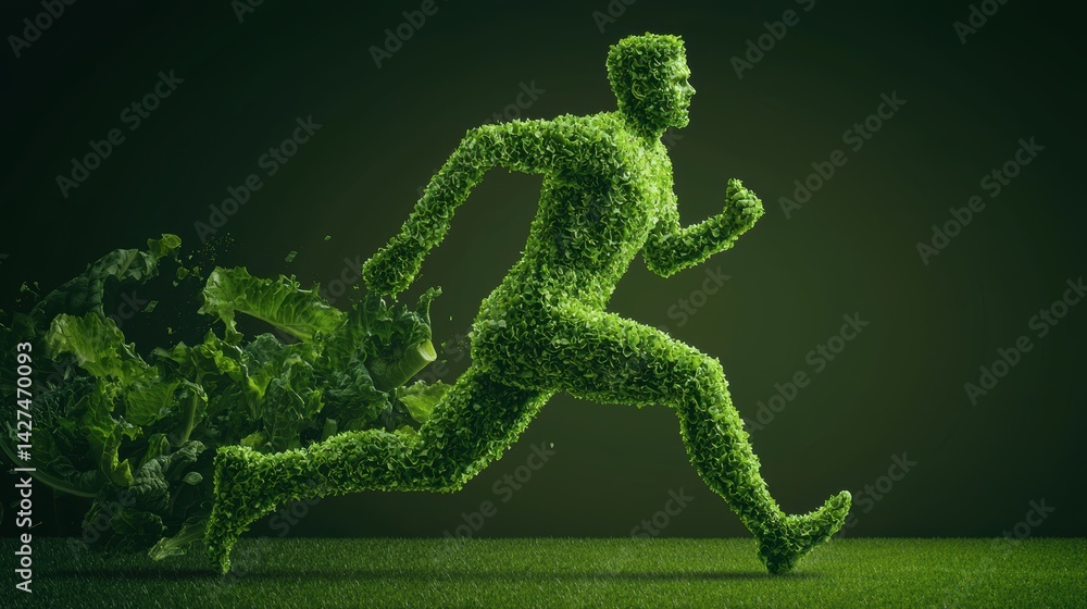 Running figure created from leaves, symbolizing energy and nature.