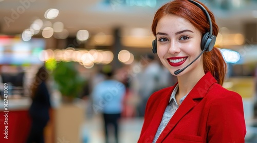Smiling customer service representative in a headset, set against a blurred background.