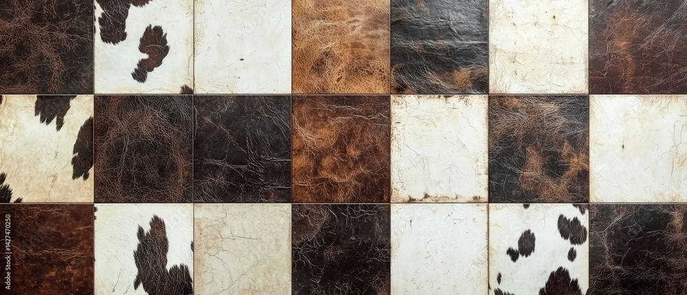 Textured tiles in a patchwork pattern showcasing earthy tones and distinct markings.