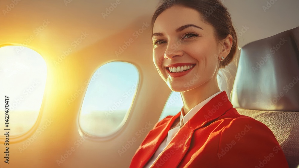 Smiling woman in a red uniform sitting by an airplane window, enjoying the flight.