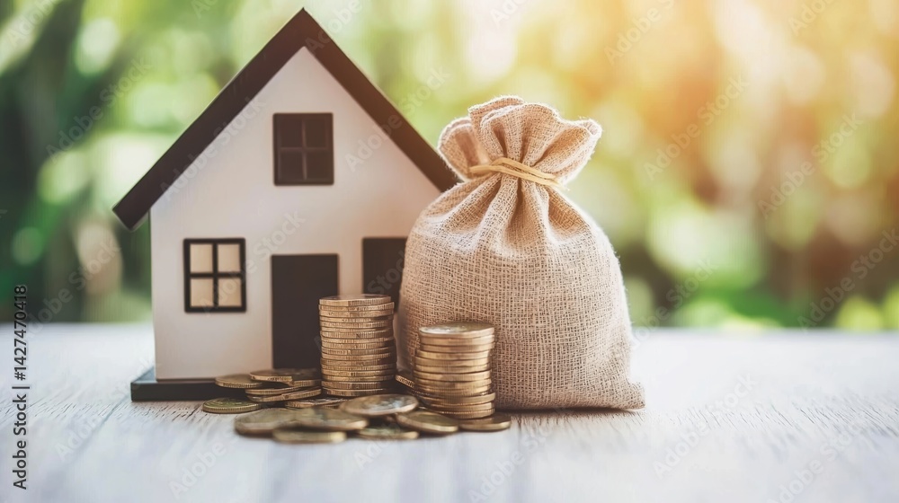 Model house with coins and a money bag, symbolizing finance and investment.