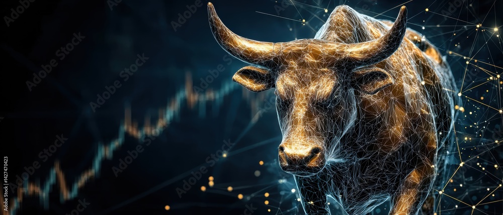 Abstract bull sculpture representing market strength against a backdrop of financial data visuals.