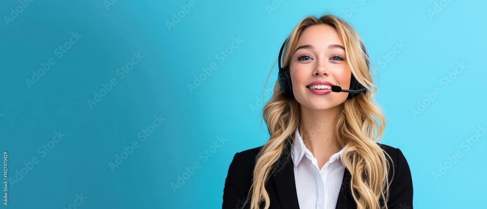 Cheerful woman in headset smiling against a blue background, representing customer service or support.