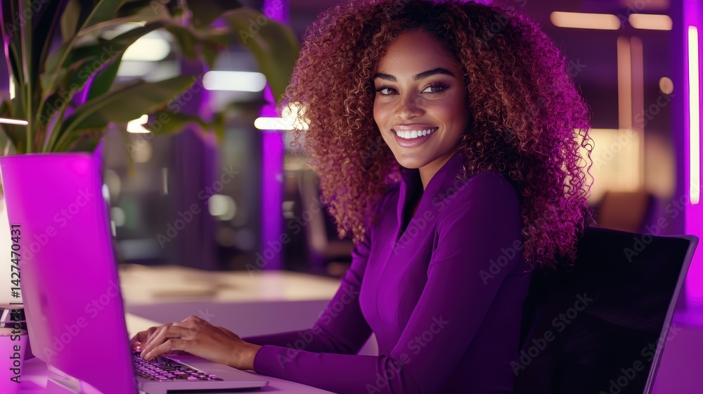 Smiling woman with curly hair working on a laptop in a vibrant, modern office setting.