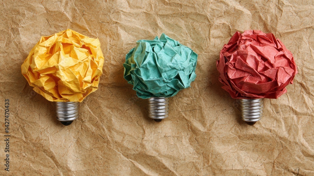 Three crumpled paper light bulbs in yellow, green, and red against a textured background.
