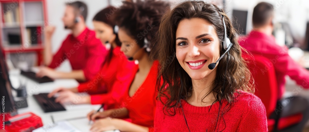 Smiling woman in a call center wearing a headset, with colleagues working in the background, all dressed in red.