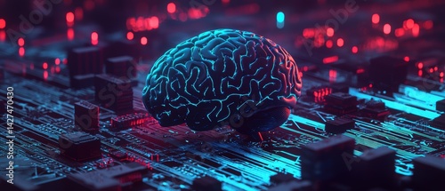 Obraz na płótnie Futuristic brain on a circuit board, blending technology with human intellect. w salonie
