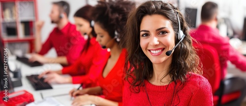 Obraz na płótnie Smiling woman in a call center wearing a headset, with colleagues working in the background, all dressed in red. w salonie