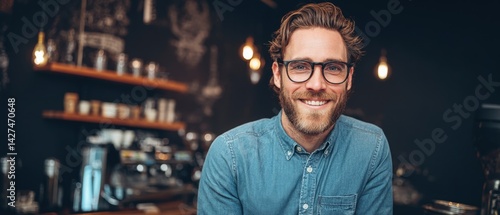 Obraz na płótnie A smiling man with glasses stands in a cozy cafe, showcasing a friendly atmosphere. w salonie