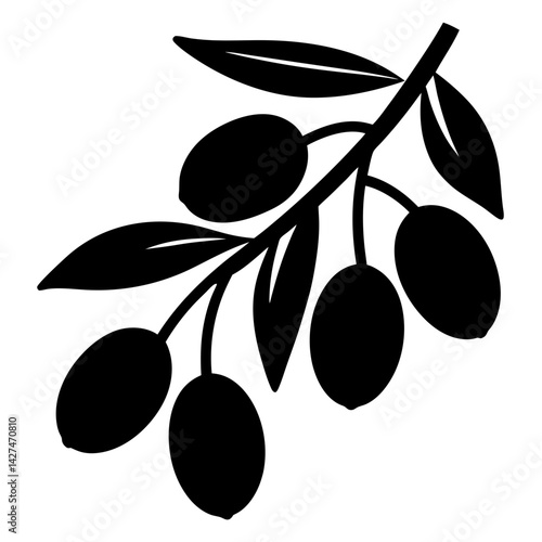 Elegant black silhouette of an olive branch with leaves and fruits