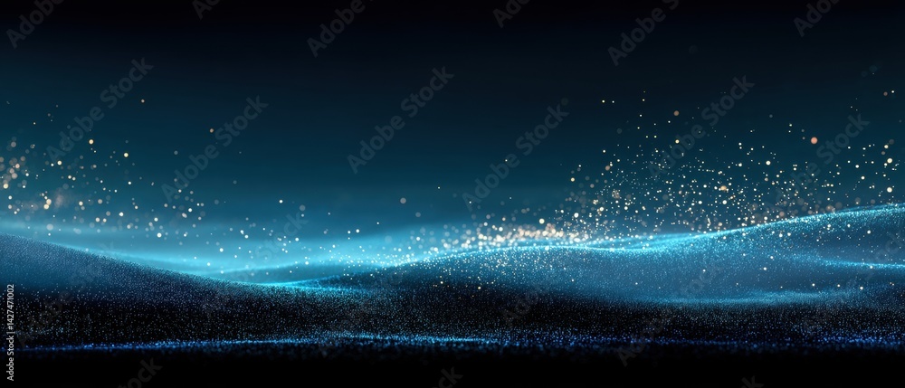 Abstract digital wave with shimmering particles against a dark background, evoking movement and tranquility.