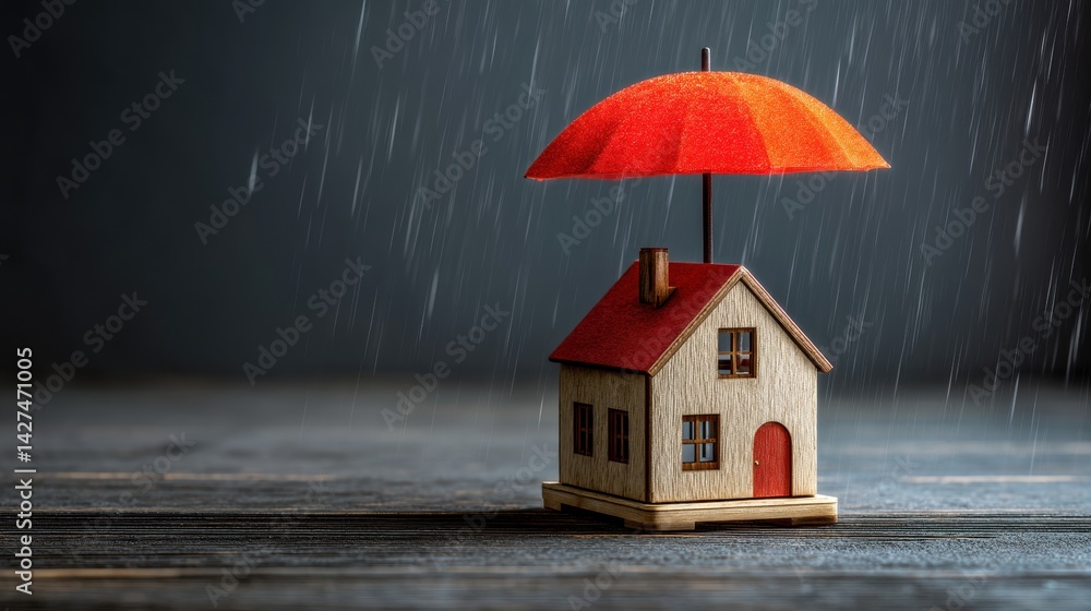 A miniature house with a red umbrella stands under falling rain, symbolizing shelter and protection.