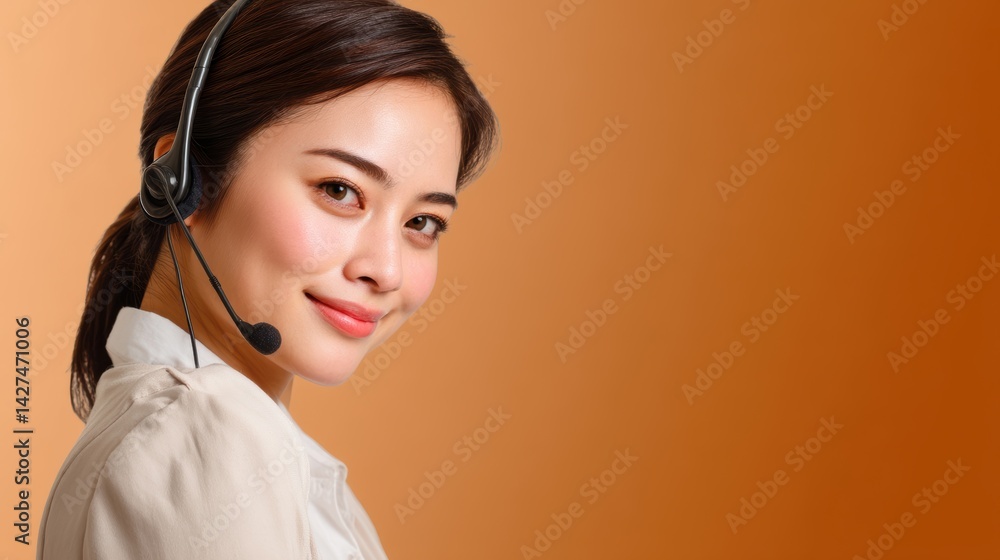 A smiling woman in a headset against a warm orange background, embodying professionalism and approachability.