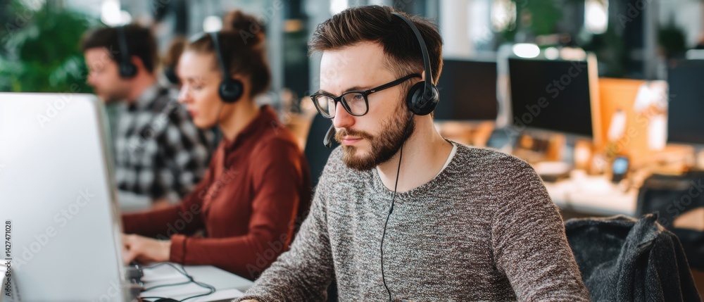 Collaborative workspace with professionals using headsets and computers for communication and productivity.