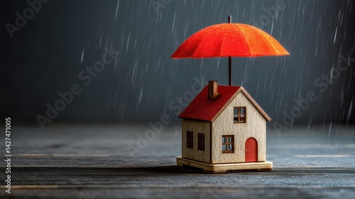 Obraz na płótnie A miniature house with a red umbrella stands under falling rain, symbolizing shelter and protection. w salonie