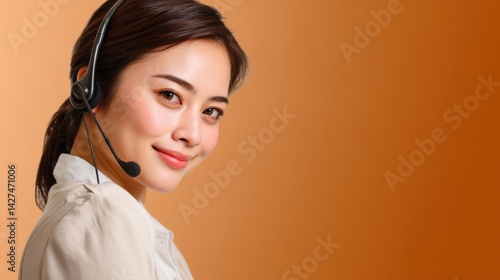 Obraz na płótnie A smiling woman in a headset against a warm orange background, embodying professionalism and approachability. w salonie