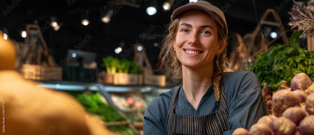 Smiling woman in an apron at a market, surrounded by fresh produce and vegetables.