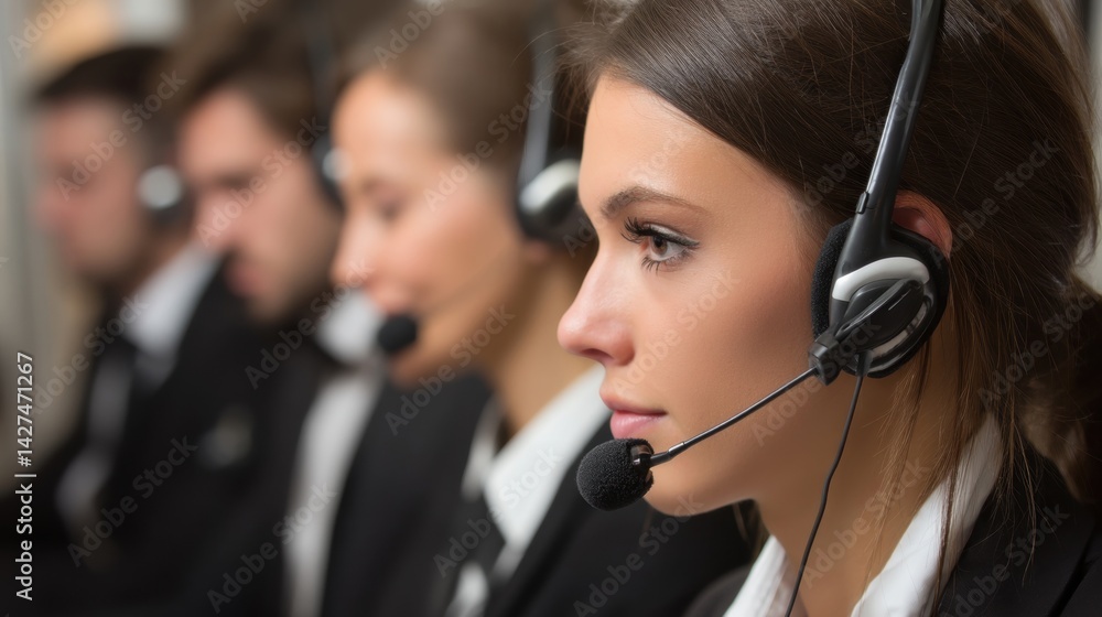 Call center team focused on customer service, featuring a woman with a headset in a professional environment.