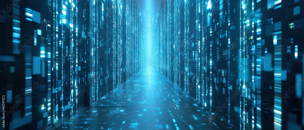 Futuristic digital corridor with glowing blue patterns and abstract shapes.