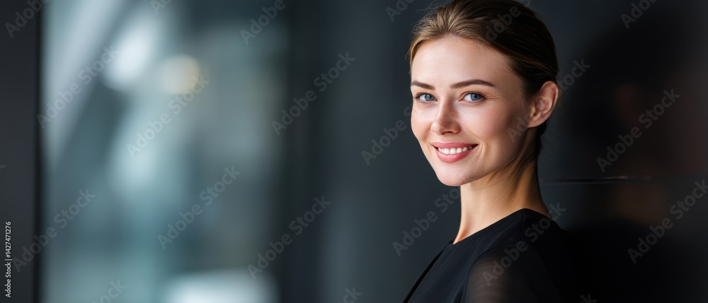 Smiling woman in a dark setting, conveying confidence and warmth, with soft lighting highlighting her features.
