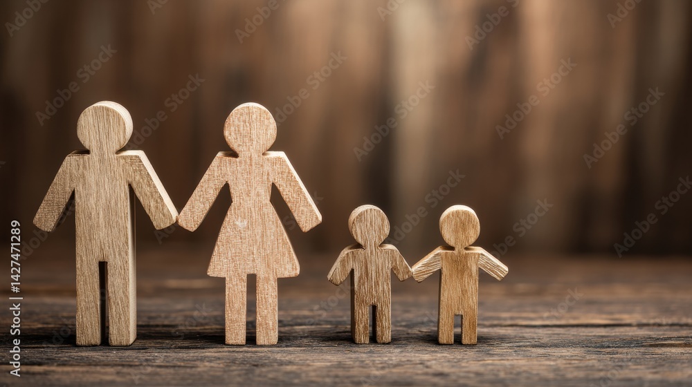 Family figures holding hands, symbolizing togetherness and support on a rustic wooden background.