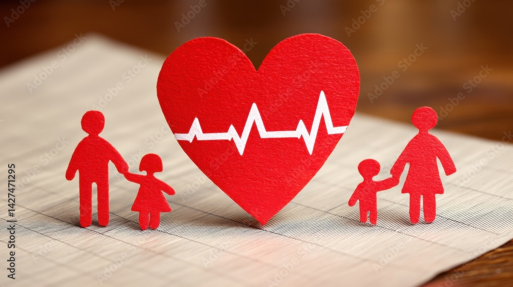 Heart symbol with family figures, representing health and well-being in a warm, inviting setting.