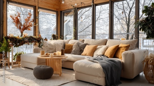 Cozy living room with large windows, natural light, and stylish decor featuring plants and warm textiles.