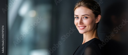 Obraz na płótnie Smiling woman in a dark setting, conveying confidence and warmth, with soft lighting highlighting her features. w salonie
