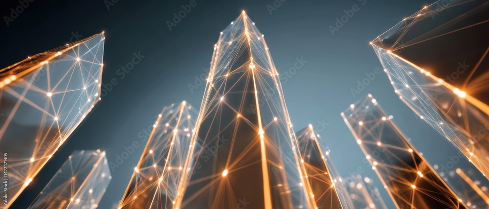 Futuristic skyscrapers with geometric patterns illuminated by soft lights against a dark background.