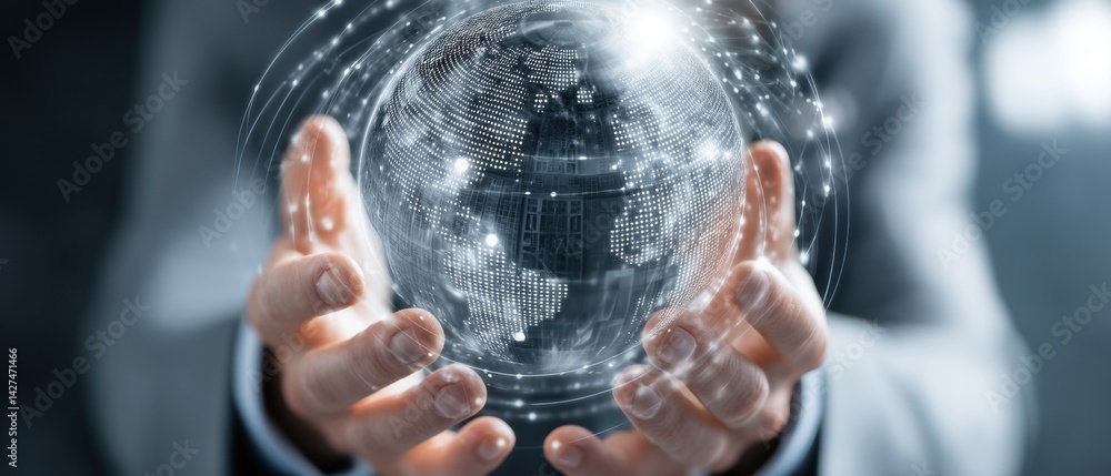 A person holds a glowing, digital globe, symbolizing technology and global connectivity in a modern setting.