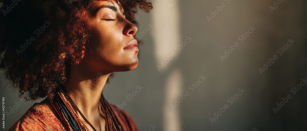 A woman with curly hair closes her eyes, basking in soft light, evoking a serene and peaceful moment.
