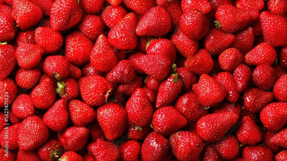 Fresh strawberries piled together, showcasing their vibrant red color and textured surfaces.