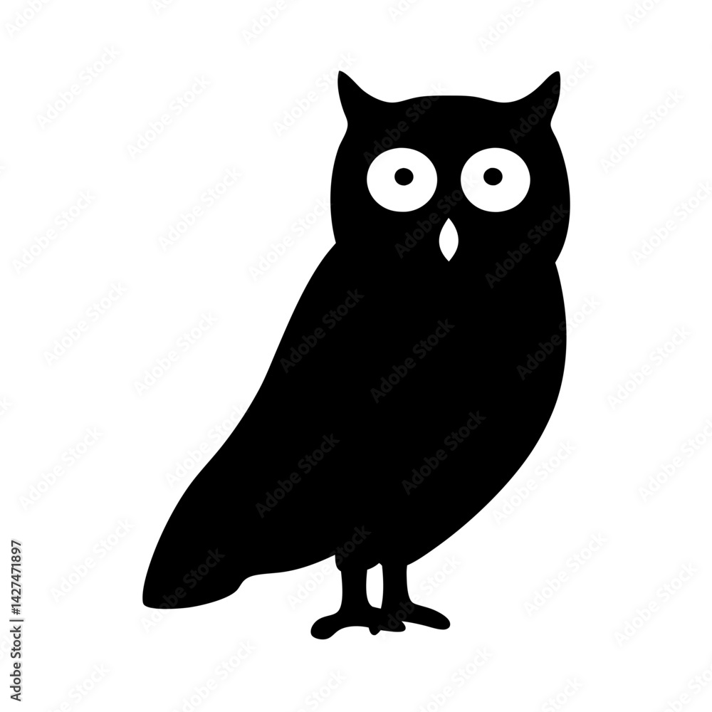 Stylized black silhouette of a nocturnal owl, facing forward on white background Stylized black silhouette of a nocturnal owl, facing forward on white background
