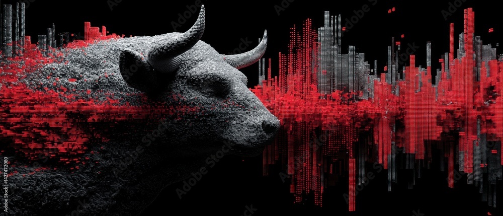 A bull silhouette against a digital soundwave background in red and black, suggesting strength and volatility.